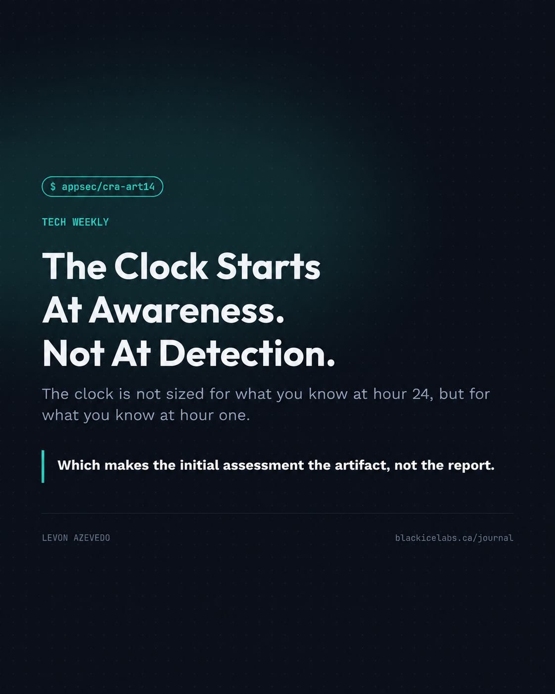 Tech Weekly cover reading ‘The Clock Starts At Awareness. Not At Detection.’ with Black Ice Labs Journal in the footer.